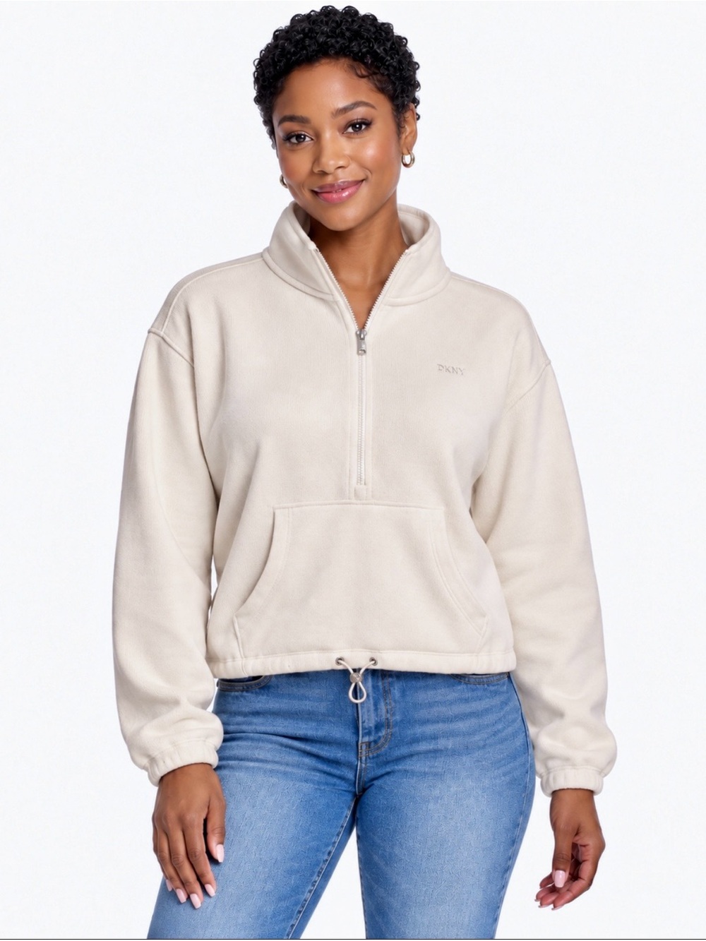 NWT DKNY Sport Cream Ivory Fleece Half-Zip Pullover Sweatshirt Size Large